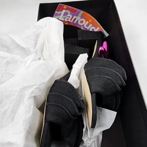 Larroude Brigitte Ruffle Slip On High Heel Sandals Women's 6 Black Open Toe